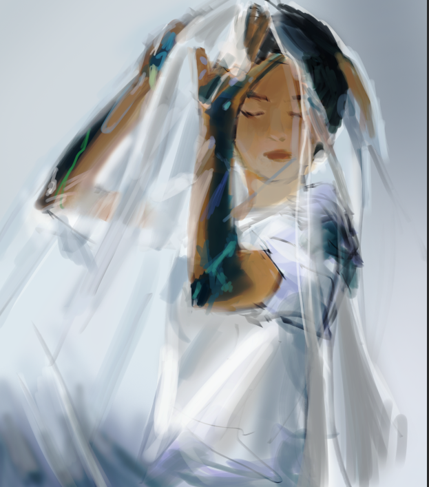 painting of a girl wearing white shirt and holding transperent drapery